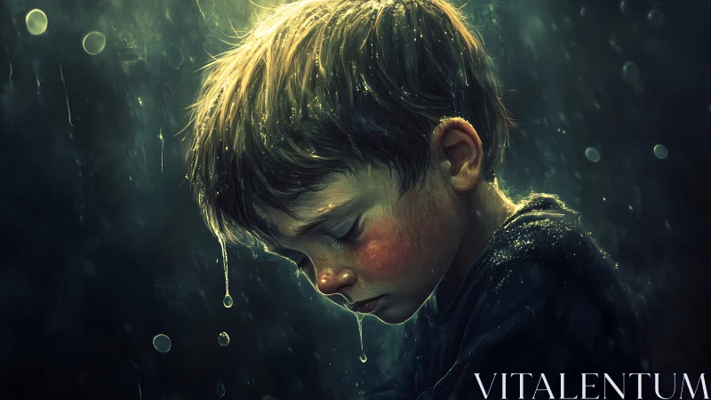 Sad wet boy in rain with downward gaze in profile.