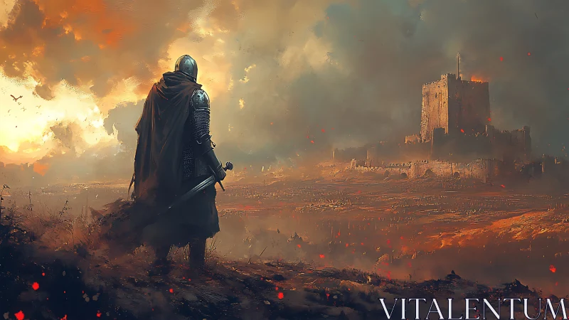 Armored lone knight observing distant burning fortress.