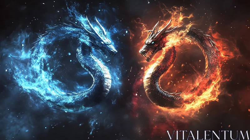 Elemental ouroboros dragons in mirrored circular formation.