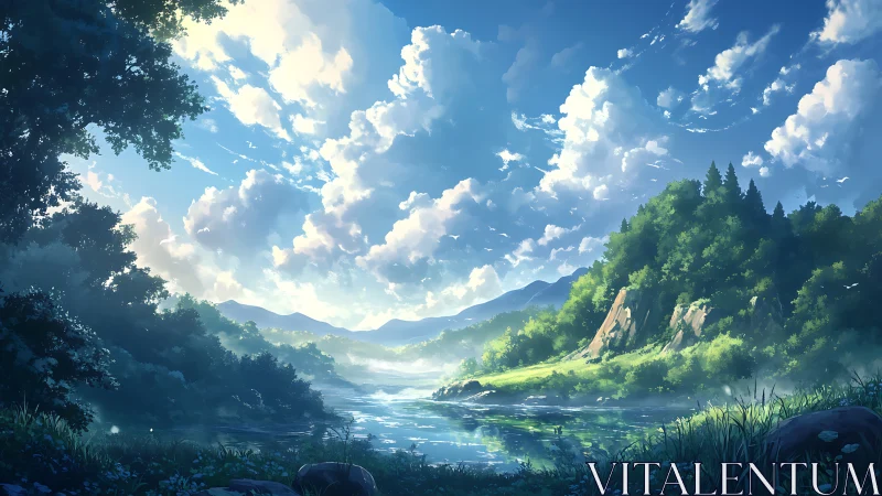 Sunlit river valley under expansive sculpted cloud sky.