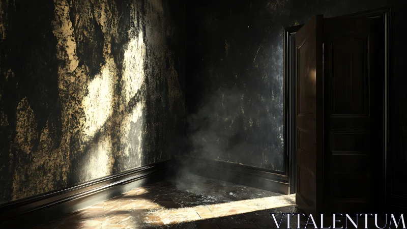 Raking light penetrates a dark corridor through a half-open door