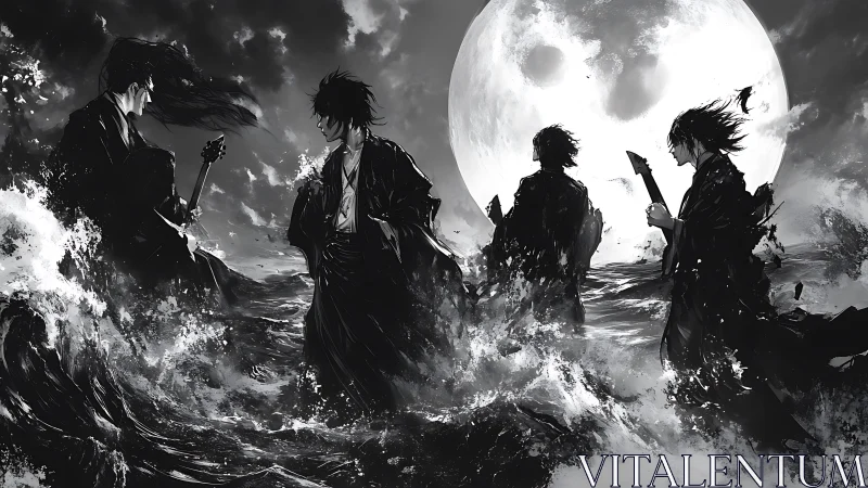Samurai silhouettes in storm-tossed sea beneath full moon.