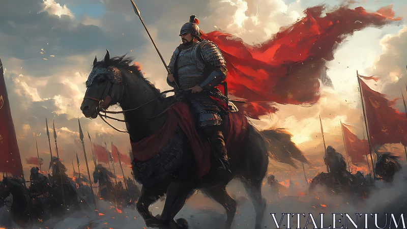 Armored warlord on rearing horse leading scarlet banner charge.