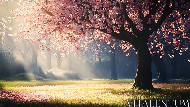 Sunlight filters through blooming cherry trees in meadow