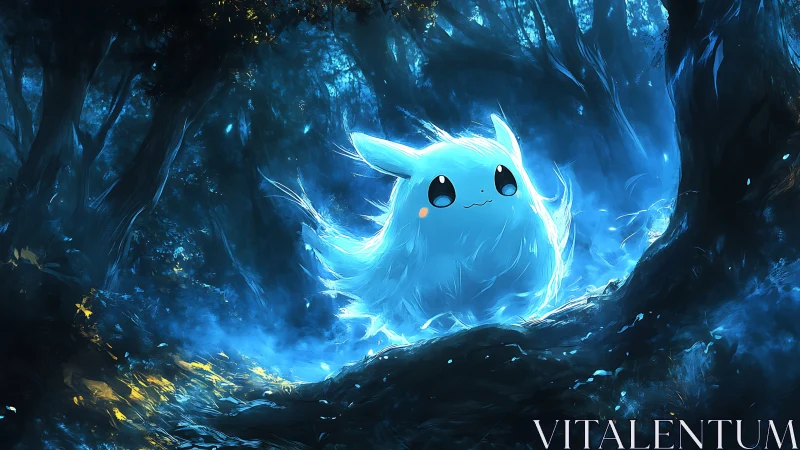 Glowing spirit creature illuminates dark enchanted forest.