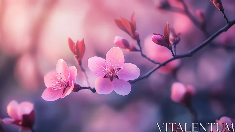 Pink Cherry Blossoms with Shallow Depth of Field and Bokeh