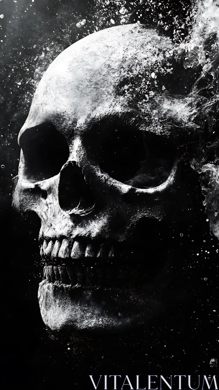 Monochrome human skull dissolving in high-contrast particles.