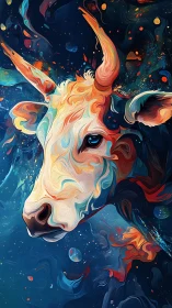 Celestial bovine portrait in swirling neon cosmic palette.