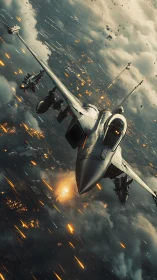 Futuristic strike fighter dives through burning cloudscape