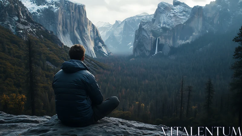 Solitary figure seated before expansive forested valley