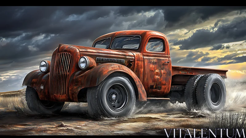 Rusty vintage truck driving through dusty rural field.