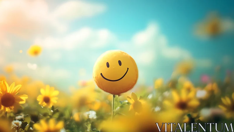 Sunlit smiley bloom beaming above a dreamy daisy meadow.