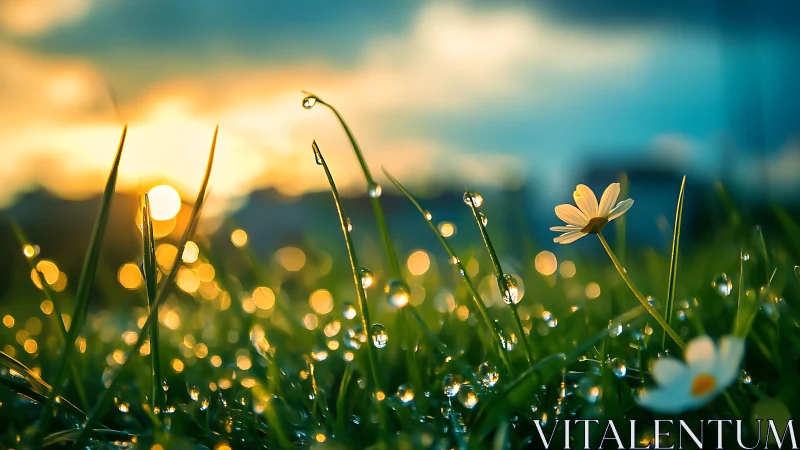 Daisy flowers with dewdrops in shallow focus at sunrise