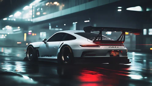 White GT race car under neon rain on wet city street.