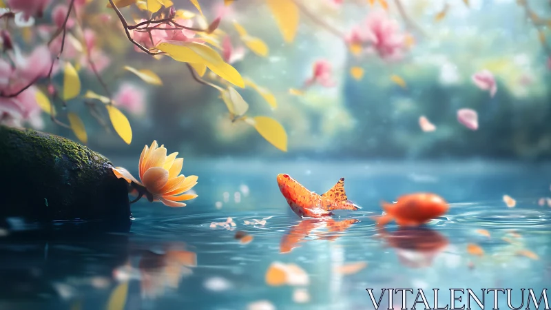 Shallow pond scene renders koi and lotus with soft depth-of-field