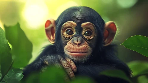 Curious baby chimpanzee gazes softly through lush green leaves
