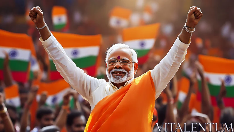 Smiling leader in orange robe amid waving Indian flags.