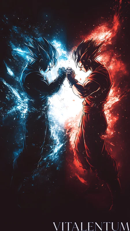 Contrasting blue and red fighters meet at the image center