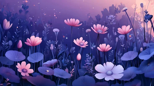 Enchanted Flower Garden Under Purple Twilight Glow