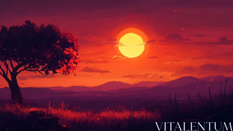 Ember sky sunset melting over quiet hills and lone tree.