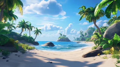 Tropical Beach Cove with Palm Trees and Clear Waters.