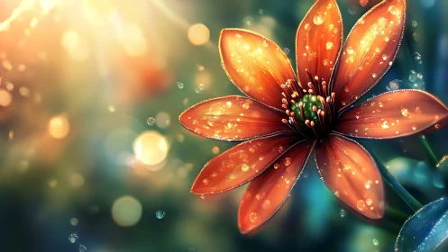 Radiant Orange Flower With Dewdrops in Golden Light.