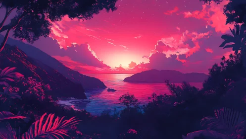 High-saturation tropical bay sunset with silhouetted foliage and islands