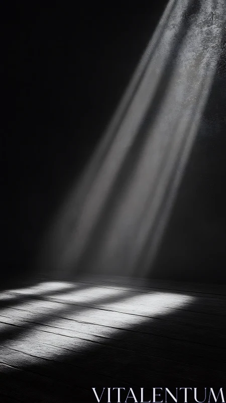 Single beam of light cuts through darkness onto worn floor