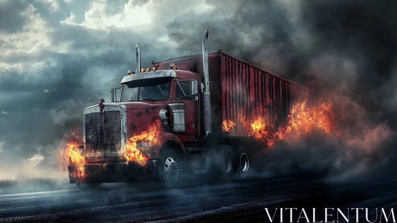 Burning semi-truck roars through smoke on stormy highway