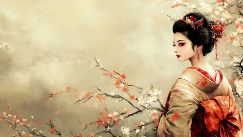 Elegant geisha portrait with painterly blossoms and gold mist.