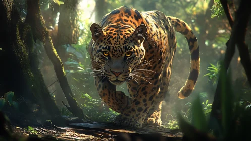 Jaguar Prowls Forest. Golden Sunlight Filters Dense Jungle Canopy.