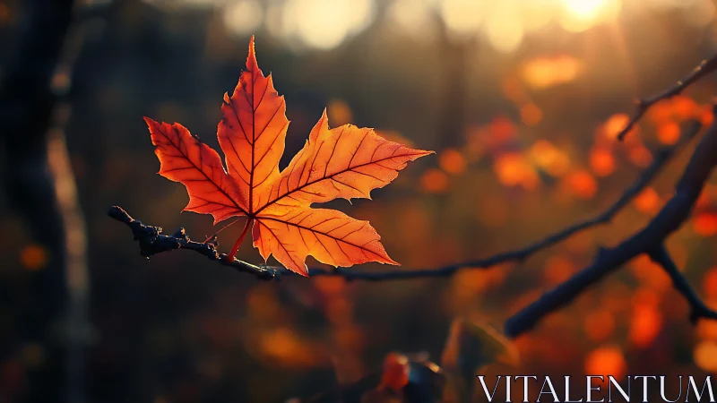 Single maple leaf aglow in warm autumn backlight bokeh.