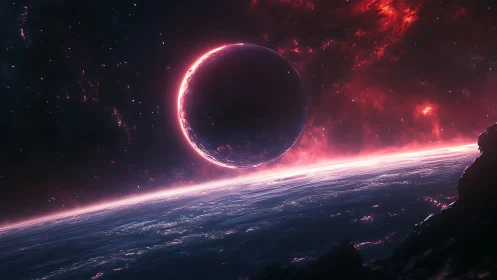 Lunar silhouette above illuminated planetary horizon.