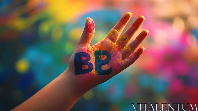 Paint-splattered hand displays bold BB letters against bokeh field
