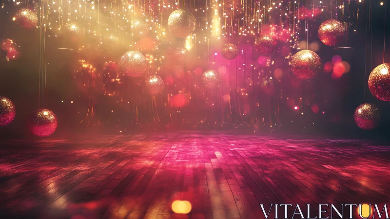 Glittering spheres hang above illuminated wooden floor