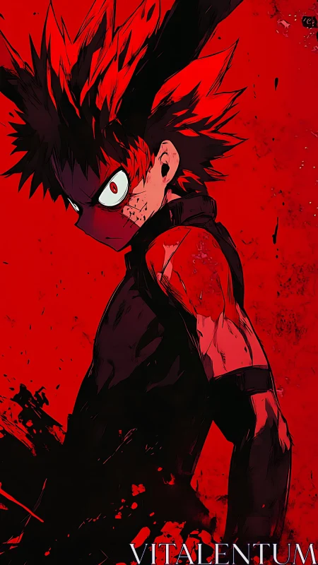 Spiky haired anime fighter stares ahead in red splatter background