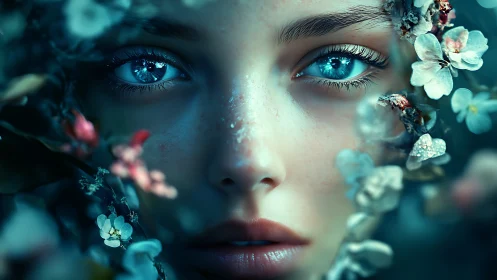 Female face with blue eyes framed by flowers in teal tones.