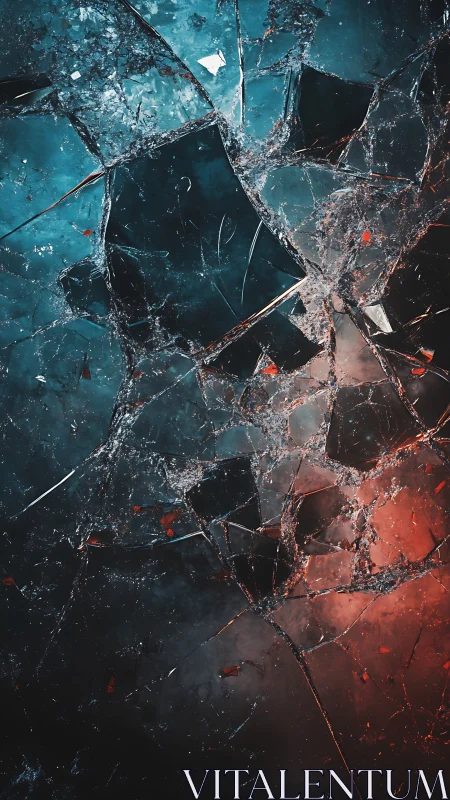 Shattered glass shards glow in cold blue and vivid red light.