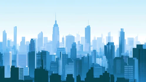 Calm blue city skyline glowing in soft morning light.