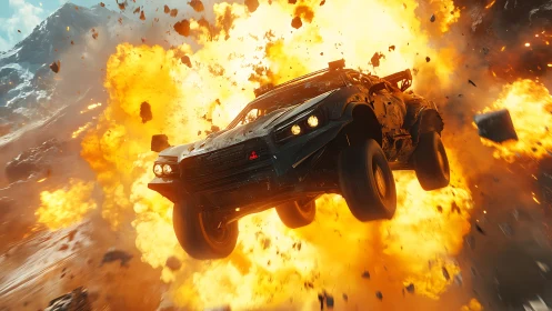 Armored off‑road interceptor traversing explosive fireball field.