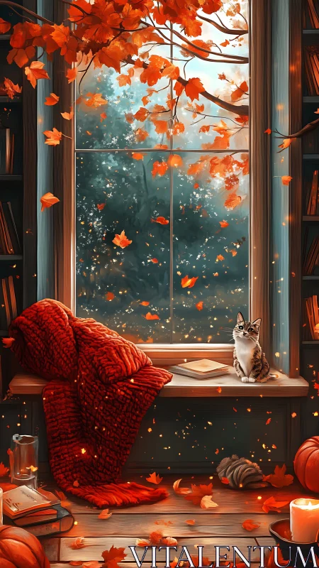 Cozy autumn reading nook glows warmly beside falling leaves