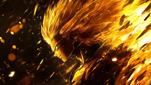 Golden tempest warrior racing through a burning cosmos.