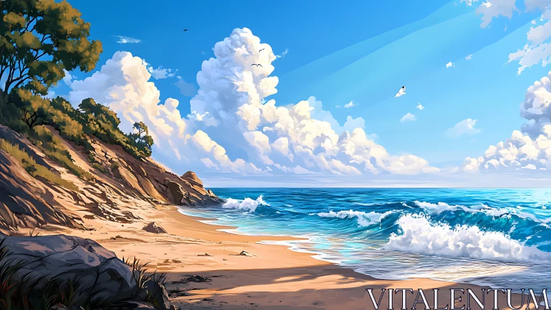 Sunlit surf and sleepy headland under towering daydream clouds.