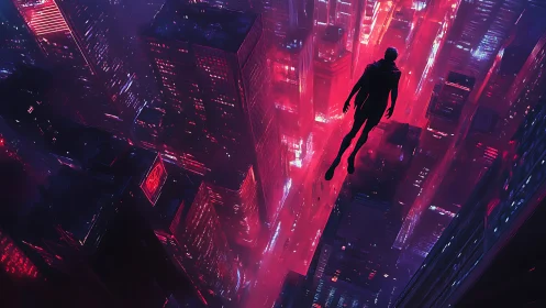 Silhouette suspended above neon red futuristic cityscape.