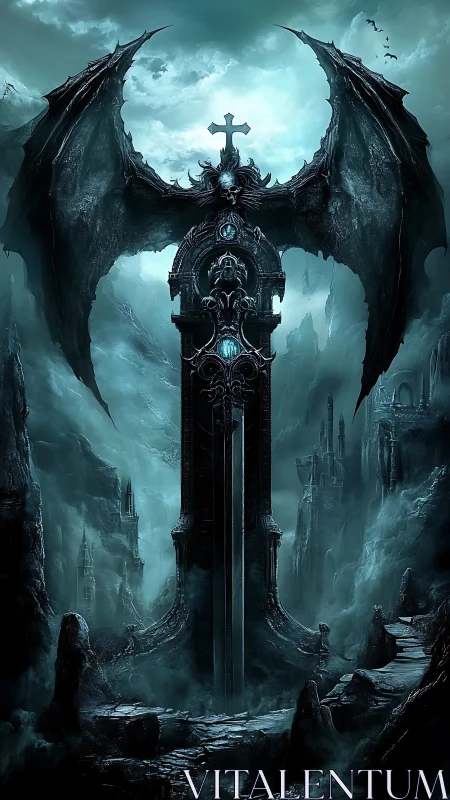Gothic necropolis gate with demonic wings and cruciform spire