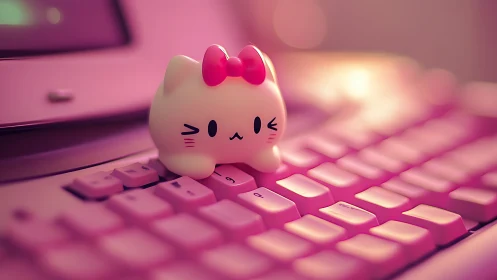 Cute cat figurine on pink computer keyboard in soft light.