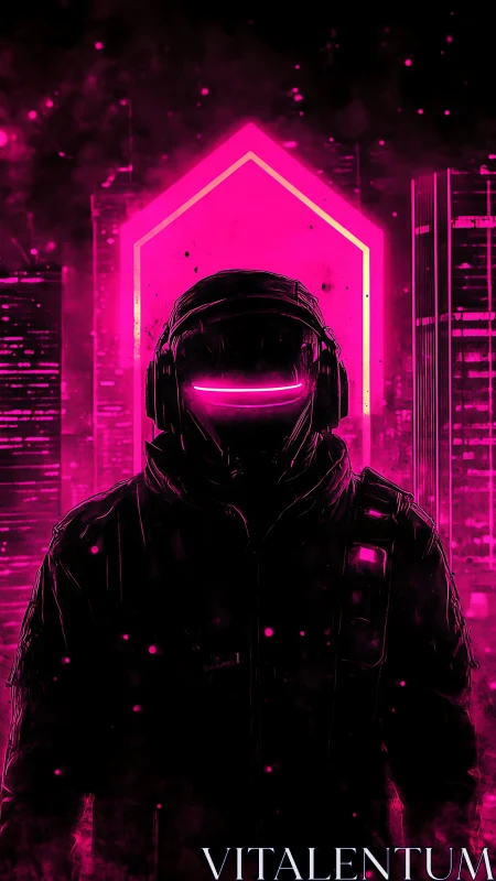 Hooded neon soldier in futuristic pink cityscape.