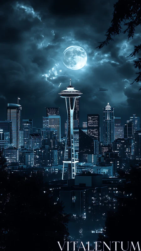 Moonlit Seattle skyline glows under dense storm clouds