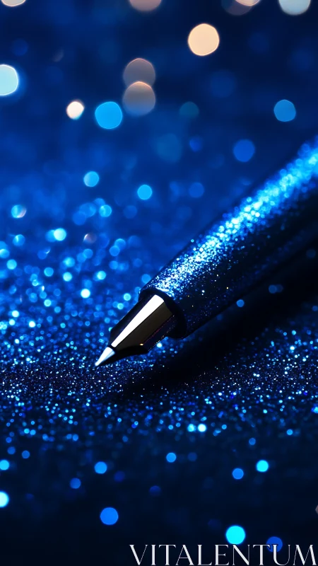 Luminous fountain pen on glittering bokeh blue surface.