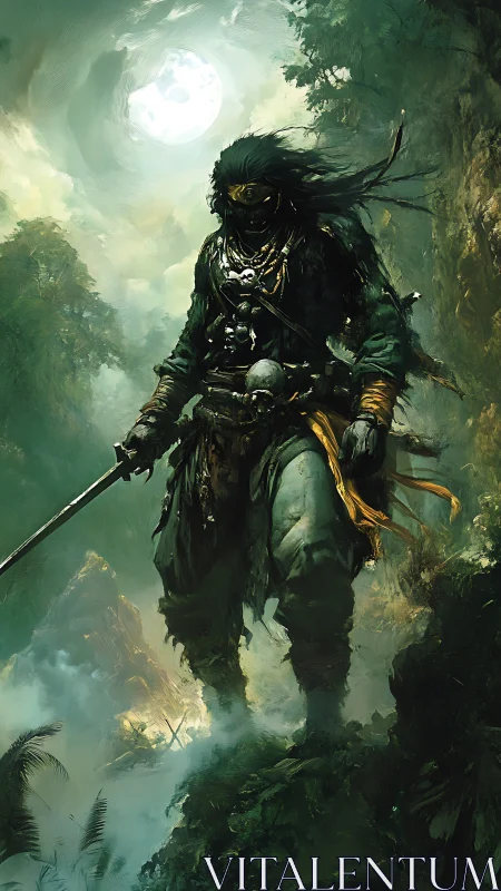 Masked swordsman in dense moonlit jungle environment.